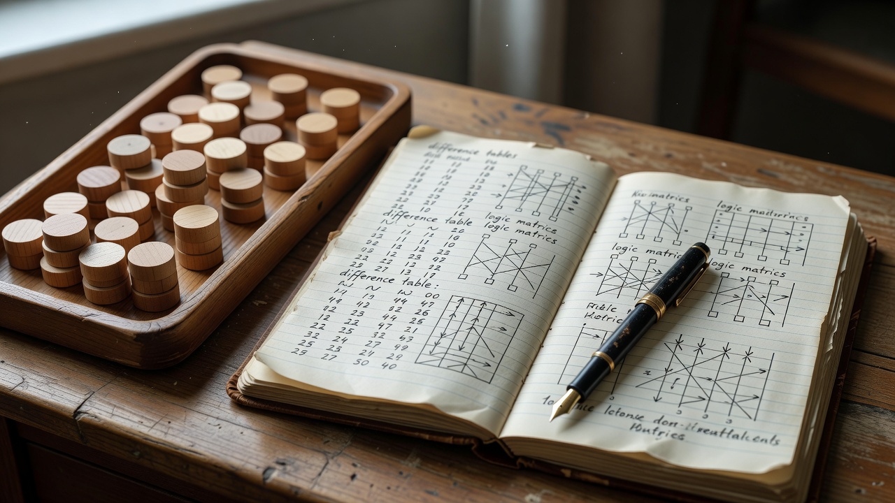 Close-up of wooden sorting counters beside an open ruled notebook showing handwritten difference tables and logic matrices