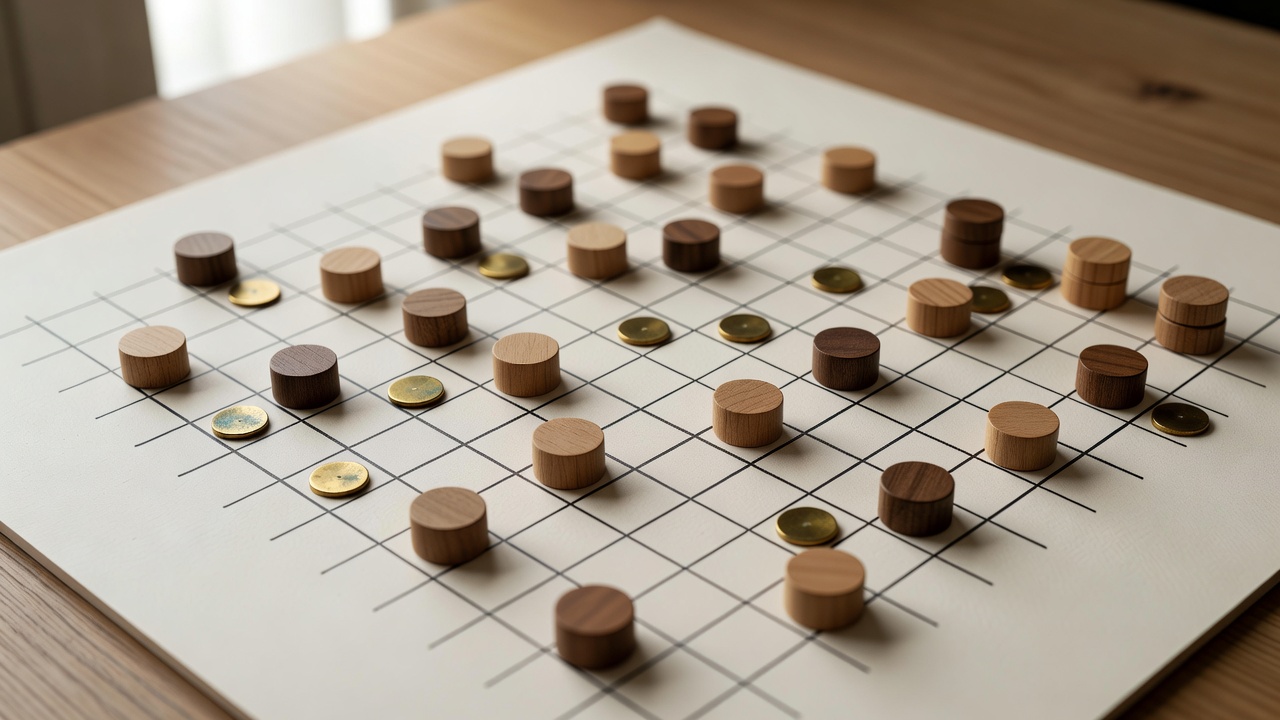 Close-up of wooden counters and brass markers arranged on a ruled logic elimination grid