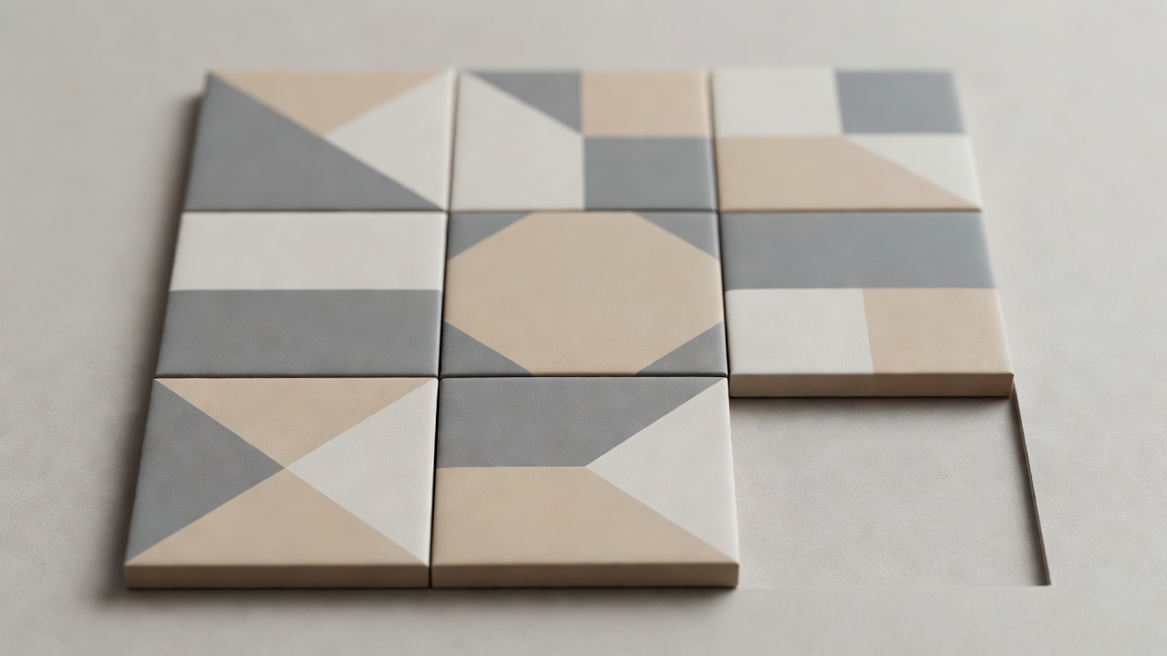 Shallow-focus overhead view of matte geometric tiles arranged in a three-by-three matrix with one corner slot awaiting placement