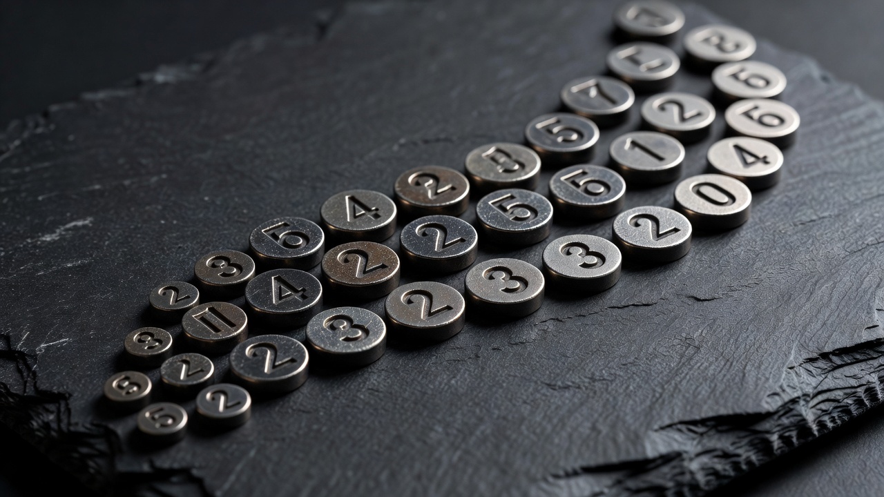 Macro photograph of stamped metal number discs arranged in an ascending curve on dark slate