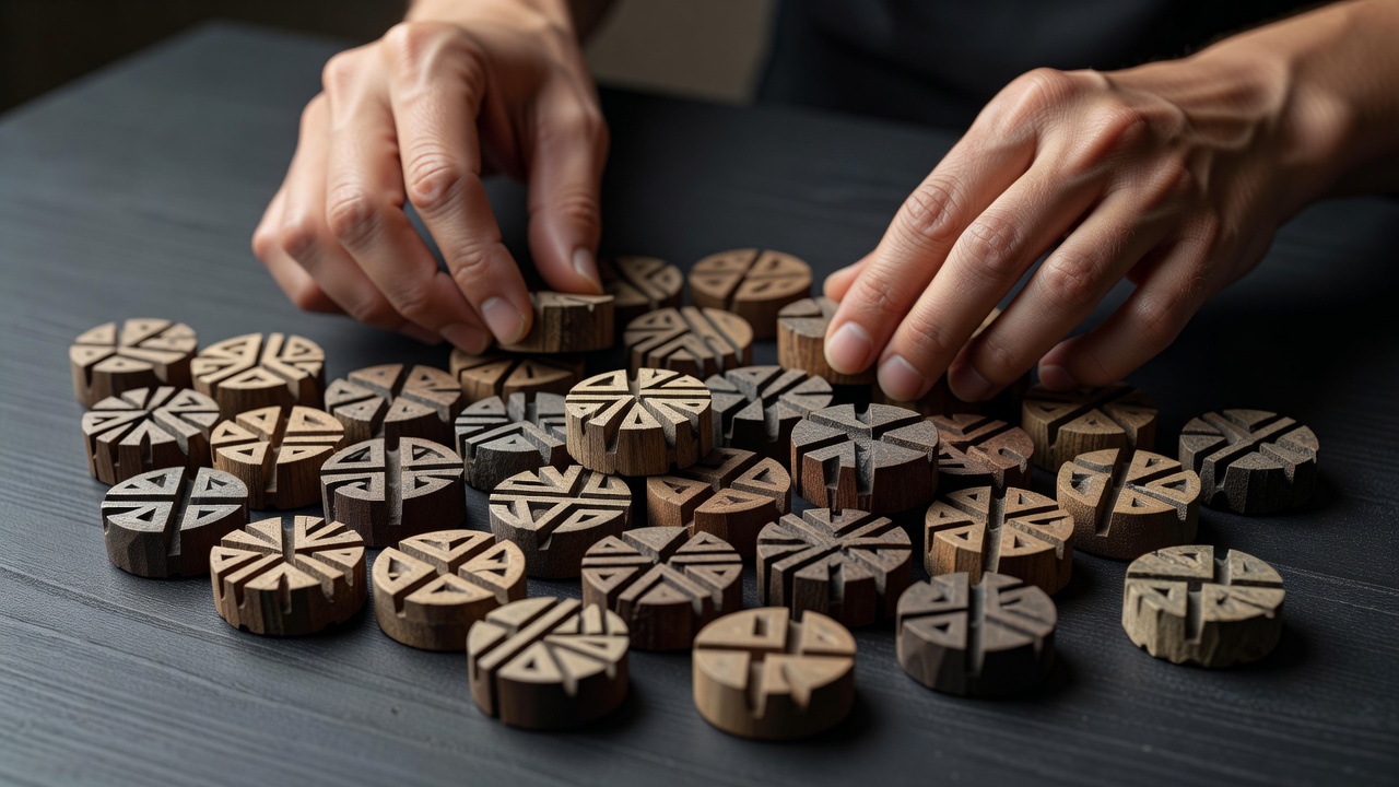 Close-up photograph of hands sorting carved timber counters with geometric notches on a dark charcoal table